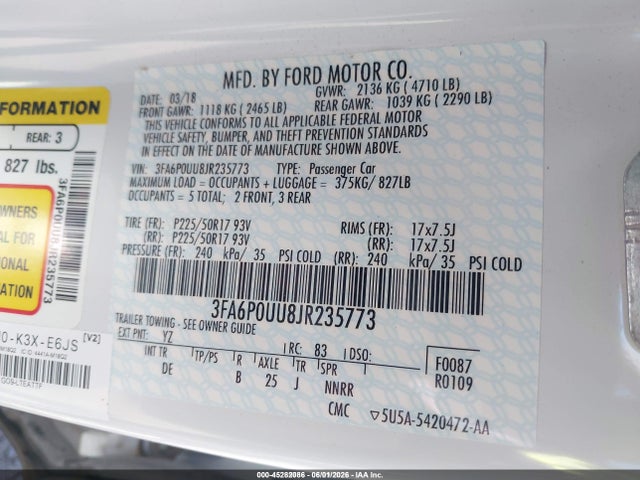 Ford Fusion Hybrid S 2018 3FA6P0UU8JR235773 Image 9