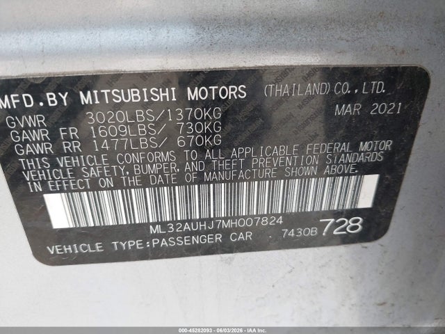 2021 Mitsubishi Mirage Carbonite Edition/es/le მანქანა იყიდება აუქციონზე, vin: ML32AUHJ7MH007824, აუქციონის ნომერი: 45282093