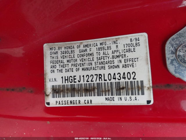 Aukcja sprzedaży 1994 Honda Civic Ex, vin: 1HGEJ1227RL043402, numer aukcji: 45282100