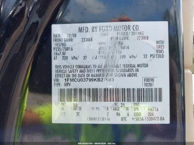 Aukcja sprzedaży 2009 Ford Escape Xlt, vin: 1FMCU03799KB27661, numer aukcji: 45282104