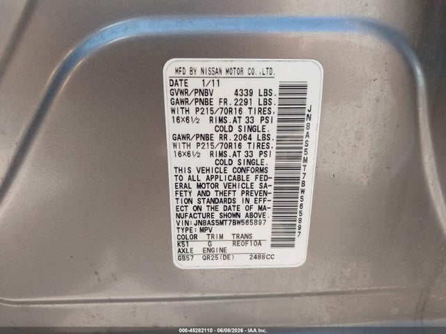 Продаж на аукціоні авто 2011 Nissan Rogue S, vin: JN8AS5MT7BW565897, номер лоту: 45282110