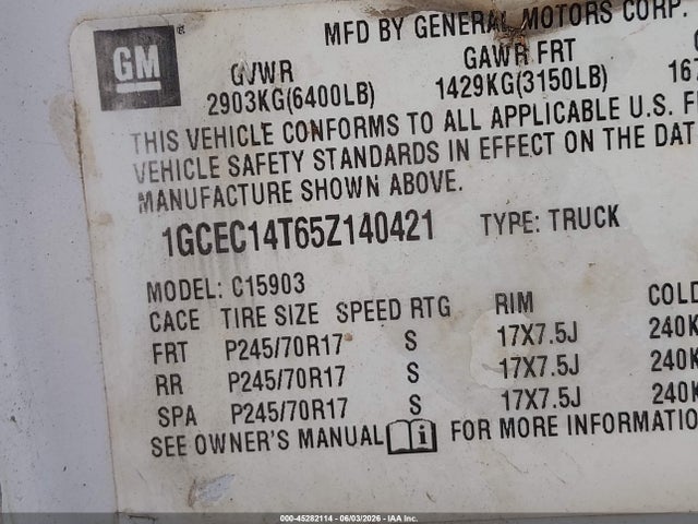 Продаж на аукціоні авто 2005 Chevrolet Silverado 1500 Work Truck, vin: 1GCEC14T65Z140421, номер лоту: 45282114