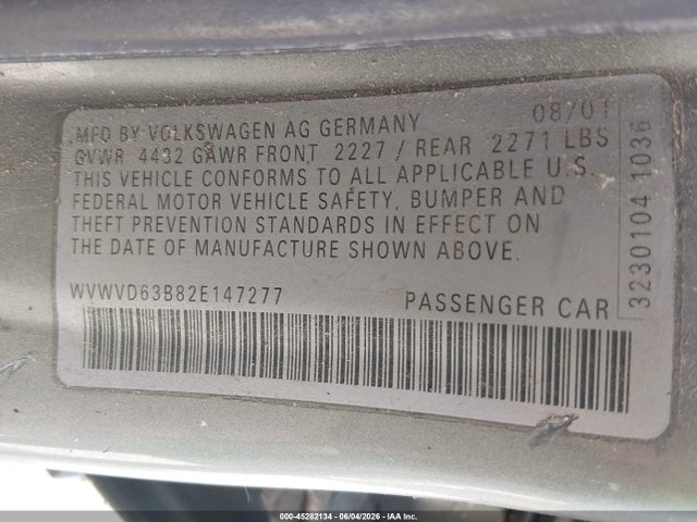 Продажа на аукционе авто 2002 Volkswagen Passat Gls, vin: WVWVD63B82E147277, номер лота: 45282134