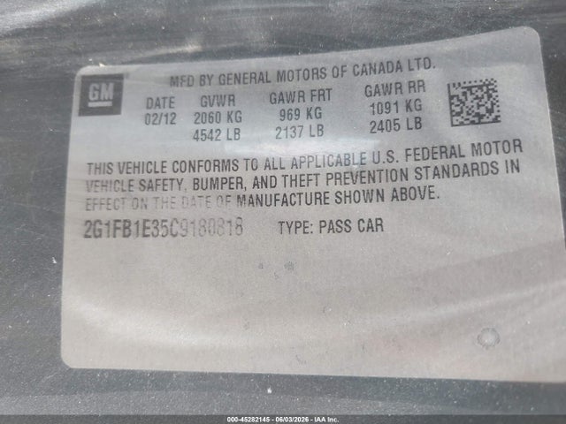 45282145 :رقم المزاد ، 2G1FB1E35C9180818 vin ، 2012 Chevrolet Camaro 1lt مزاد بيع