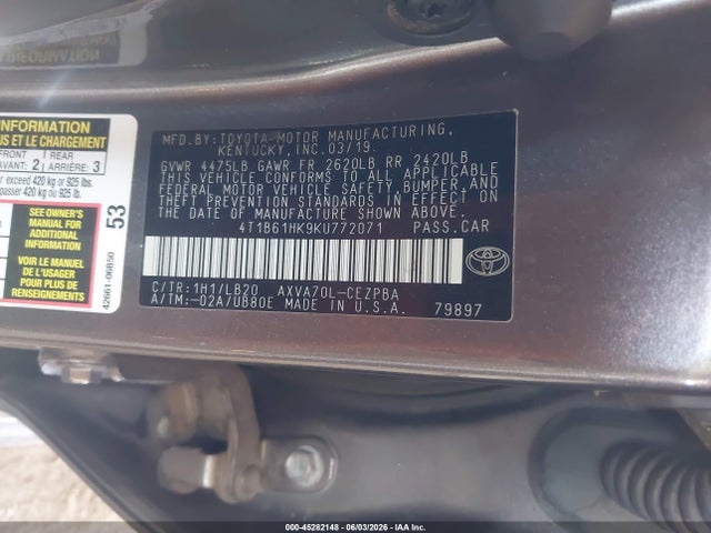 45282148 :رقم المزاد ، 4T1B61HK9KU772071 vin ، 2019 Toyota Camry Xse مزاد بيع