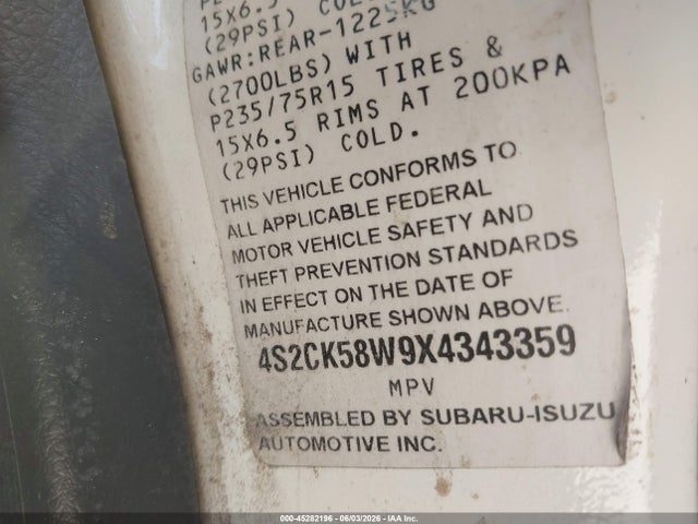 1999 Isuzu Rodeo Ls/lse/s 3.2l მანქანა იყიდება აუქციონზე, vin: 4S2CK58W9X4343359, აუქციონის ნომერი: 45282196