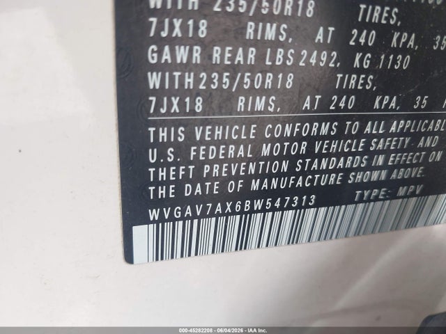 Auction sale of the 2011 Volkswagen Tiguan Se, vin: WVGAV7AX6BW547313, lot number: 45282208