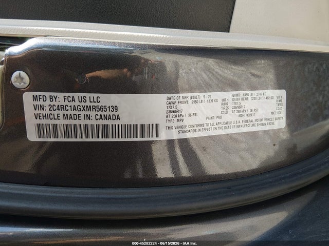 Aukcja sprzedaży 2021 Chrysler Voyager L, vin: 2C4RC1AGXMR565139, numer aukcji: 45282224