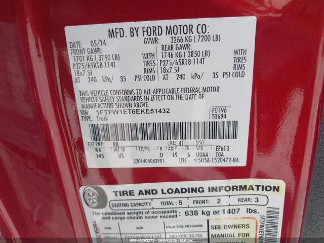 Продажа на аукционе авто 2014 Ford F-150 Xlt, vin: 1FTFW1ET6EKE51432, номер лота: 45282272