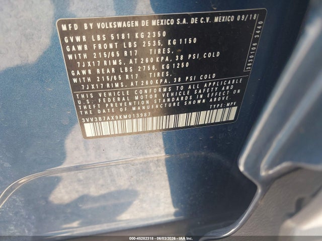 Продаж на аукціоні авто 2019 Volkswagen Tiguan 2.0t Se/2.0t Sel/2.0t Sel R-line/2.0t Sel R-line Black, vin: 3VV3B7AX9KM013987, номер лоту: 45282318