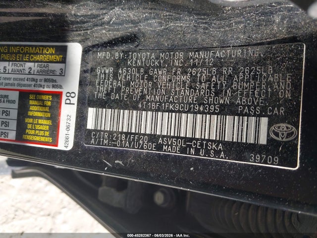 2012 Toyota Camry Se Limited Edition მანქანა იყიდება აუქციონზე, vin: 4T1BF1FK9CU194395, აუქციონის ნომერი: 45282367