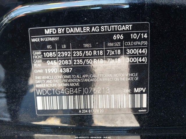 45282373 :رقم المزاد ، WDCTG4GB4FJ076213 vin ، 2015 Mercedes-benz Gla 250 4matic مزاد بيع