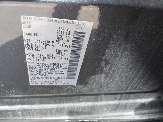 Aukcja sprzedaży 2013 Nissan Pathfinder Sl, vin: 5N1AR2MM7DC618015, numer aukcji: 45282381