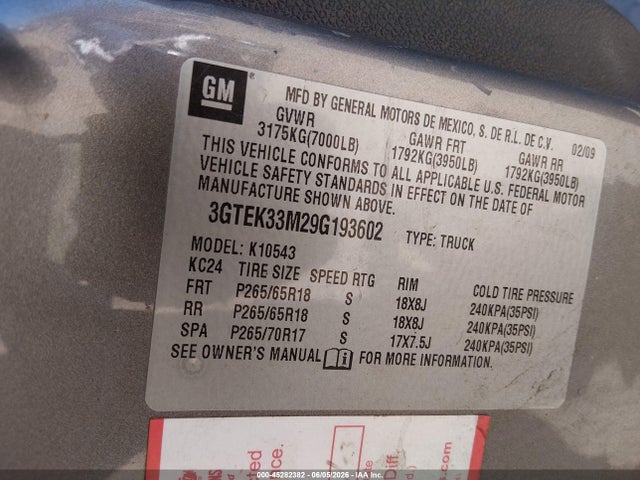 2009 Gmc Sierra 1500 Slt მანქანა იყიდება აუქციონზე, vin: 3GTEK33M29G193602, აუქციონის ნომერი: 45282382