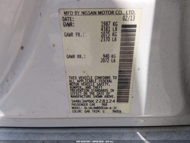2013 Nissan Altima 3.5 S მანქანა იყიდება აუქციონზე, vin: 1N4BL3AP6DC228124, აუქციონის ნომერი: 45282397