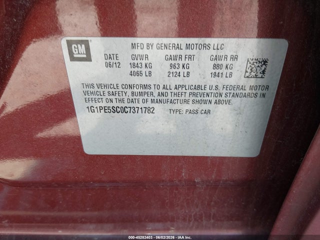 Aukcja sprzedaży 2012 Chevrolet Cruze Lt, vin: 1G1PE5SC0C7371782, numer aukcji: 45282403