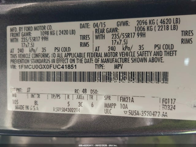 45282411 :رقم المزاد ، 1FMCU0GX0FUC41851 vin ، 2015 Ford Escape Se مزاد بيع