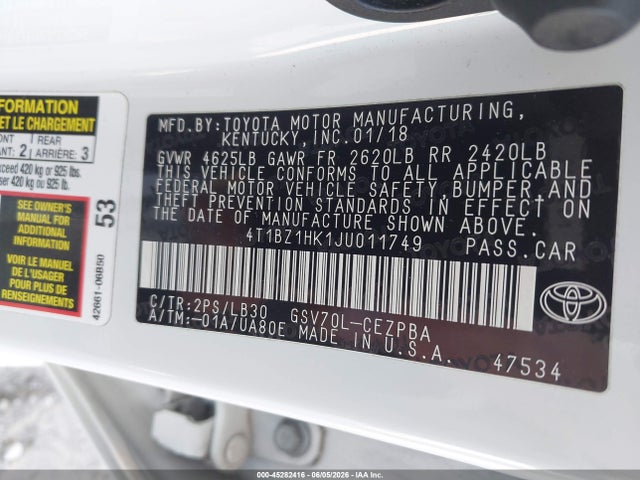 45282416 :رقم المزاد ، 4T1BZ1HK1JU011749 vin ، 2018 Toyota Camry Xse V6 مزاد بيع