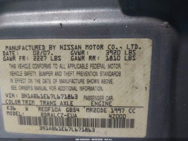 Aukcja sprzedaży 2007 Nissan Sentra 2.0, vin: 3N1AB61E67L671863, numer aukcji: 45282424