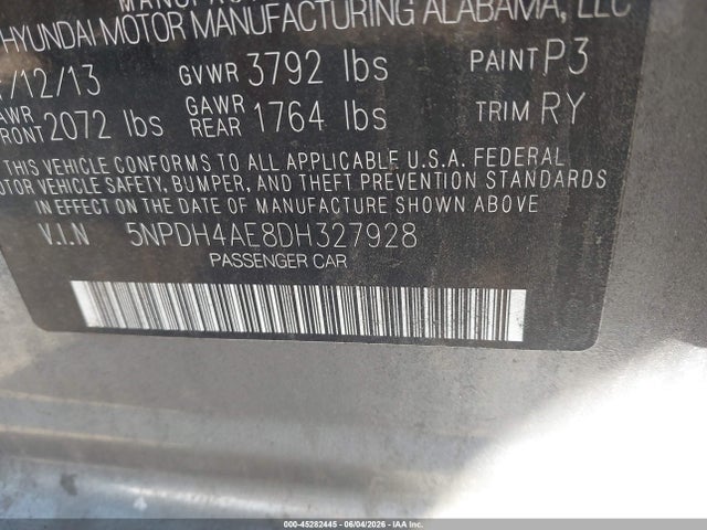 45282445 :رقم المزاد ، 5NPDH4AE8DH327928 vin ، 2013 Hyundai Elantra Limited مزاد بيع