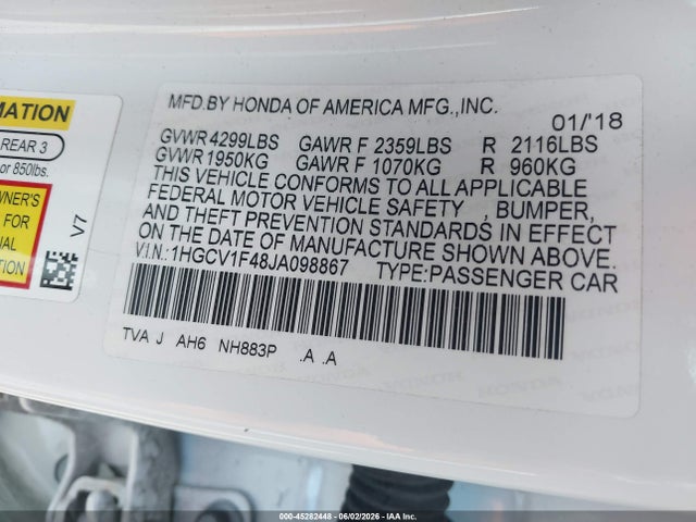 Honda ACCORD EX 2018 1HGCV1F48JA098867 Image 9