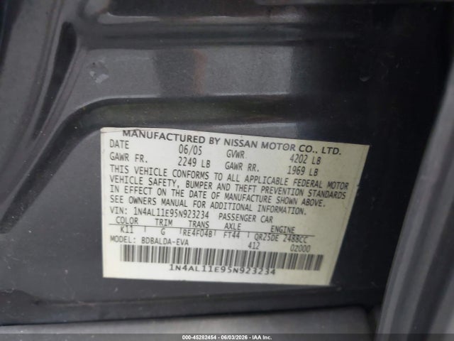 Aukcja sprzedaży 2005 Nissan Altima 2.5 S, vin: 1N4AL11E95N923234, numer aukcji: 45282454