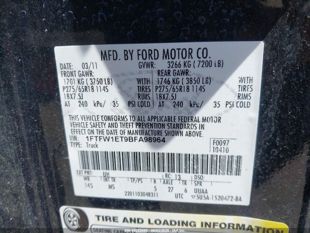 45282455 :رقم المزاد ، 1FTFW1ET9BFA98964 vin ، 2011 Ford F-150 Xlt مزاد بيع