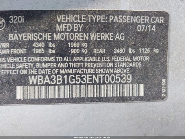 2014 Bmw 320i მანქანა იყიდება აუქციონზე, vin: WBA3B1G53ENT00539, აუქციონის ნომერი: 45282457