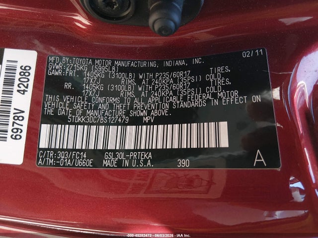 45282472 :رقم المزاد ، 5TDKK3DC7BS127479 vin ، 2011 Toyota Sienna Le V6 مزاد بيع