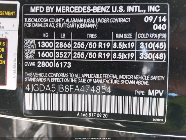 45282474 :رقم المزاد ، 4JGDA5JB8FA474854 vin ، 2015 Mercedes-benz Ml 350 مزاد بيع