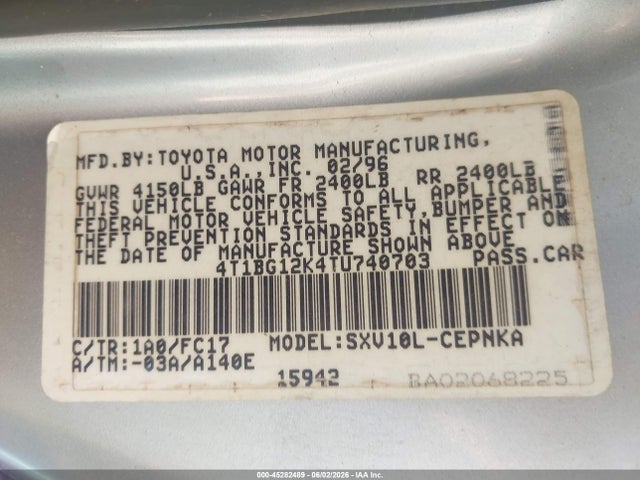 45282489 :رقم المزاد ، 4T1BG12K4TU740703 vin ، 1996 Toyota Camry Dx/le/xle مزاد بيع