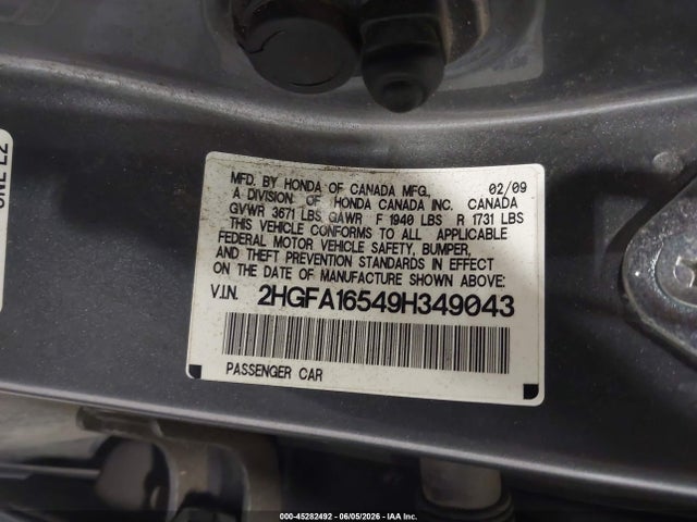 Aukcja sprzedaży 2009 Honda Civic Lx, vin: 2HGFA16549H349043, numer aukcji: 45282492