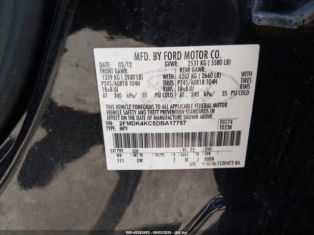 45282493 :رقم المزاد ، 2FMDK4KC5DBA17757 vin ، 2013 Ford Edge Limited مزاد بيع
