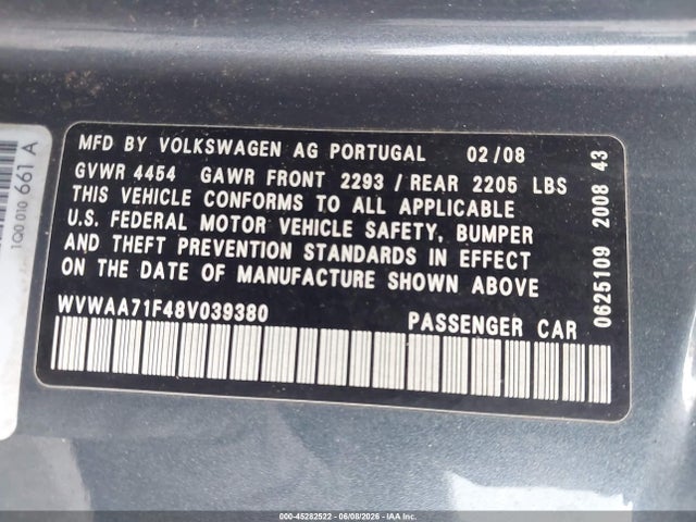 Aukcja sprzedaży 2008 Volkswagen Eos Komfort/turbo, vin: WVWAA71F48V039380, numer aukcji: 45282522
