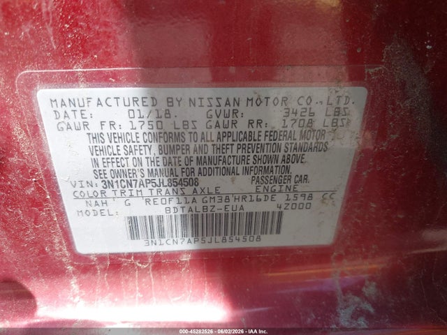 45282526 :رقم المزاد ، 3N1CN7AP5JL854508 vin ، 2018 Nissan Versa 1.6 Sv مزاد بيع