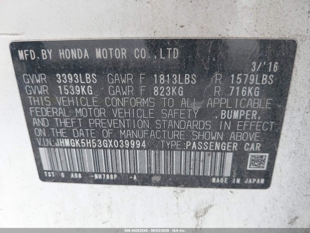 45282540 :رقم المزاد ، JHMGK5H53GX039994 vin ، 2016 Honda Fit Lx مزاد بيع