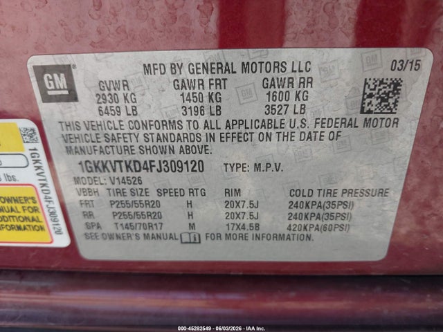 GMC Acadia Denali 2015 1GKKVTKD4FJ309120 Image 9
