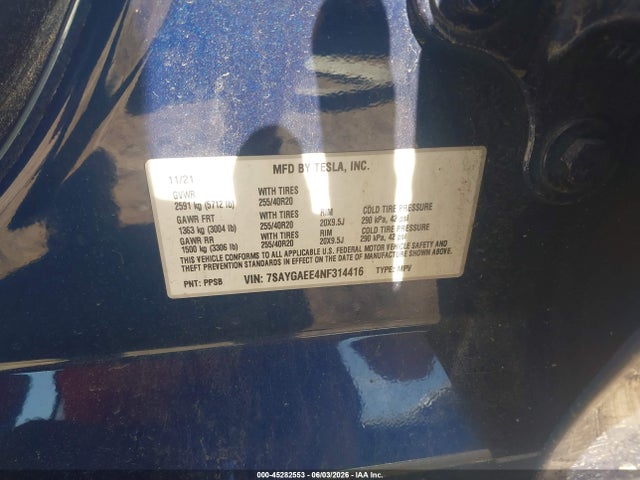 2022 Tesla Model Y Long Range Dual Motor All-wheel Drive მანქანა იყიდება აუქციონზე, vin: 7SAYGAEE4NF314416, აუქციონის ნომერი: 45282553