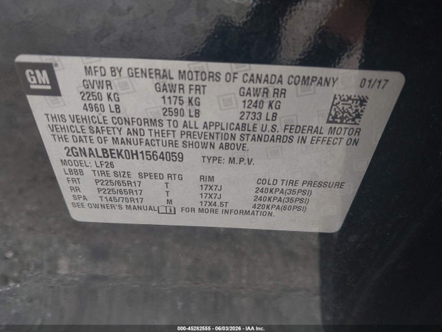 45282555 :رقم المزاد ، 2GNALBEK0H1564059 vin ، 2017 Chevrolet Equinox Ls مزاد بيع