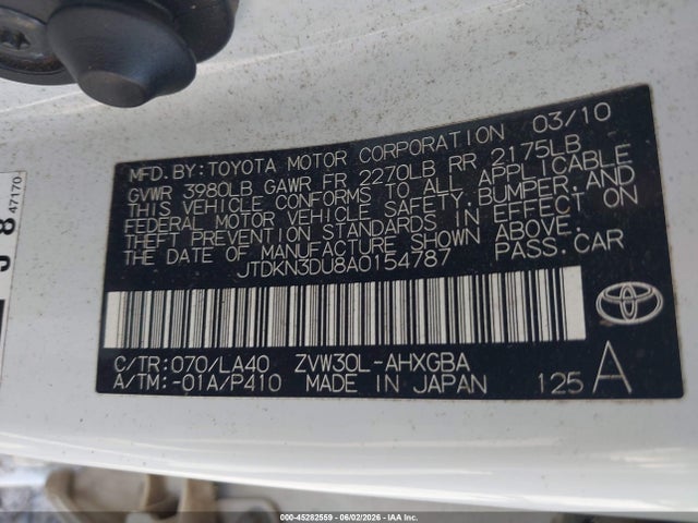 2010 Toyota Prius Iv მანქანა იყიდება აუქციონზე, vin: JTDKN3DU8A0154787, აუქციონის ნომერი: 45282559