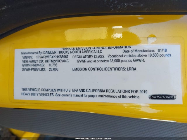 Продажа на аукционе авто 2019 Freightliner M2 106, vin: 1FVACWFCXKHKB8967, номер лота: 45282560