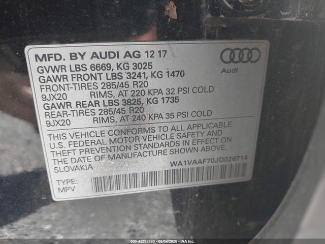 Продажа на аукционе авто 2018 Audi Q7 3.0t Premium, vin: WA1VAAF70JD026714, номер лота: 45282583