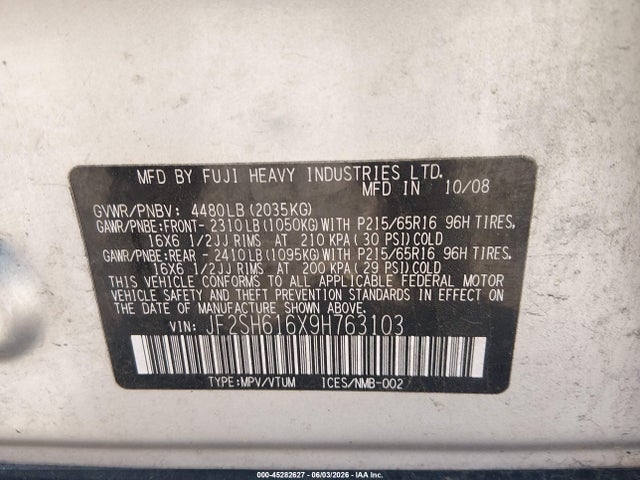2009 Subaru Forester 2.5x მანქანა იყიდება აუქციონზე, vin: JF2SH616X9H763103, აუქციონის ნომერი: 45282627