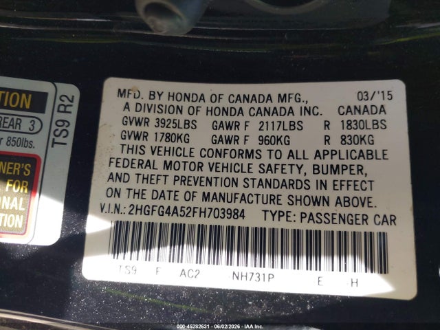 2015 Honda Civic Si მანქანა იყიდება აუქციონზე, vin: 2HGFG4A52FH703984, აუქციონის ნომერი: 45282631