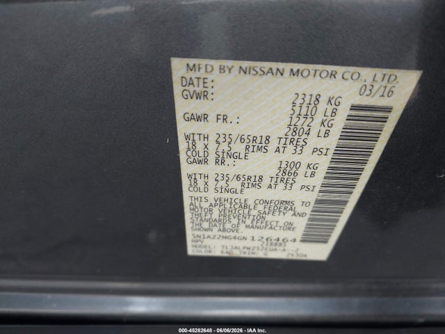 Продаж на аукціоні авто 2016 Nissan Murano S, vin: 5N1AZ2MG4GN126464, номер лоту: 45282648