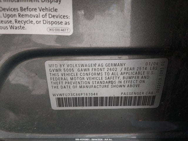 Aukcja sprzedaży 2006 Volkswagen Passat 3.6, vin: WVWFU73C86P161046, numer aukcji: 45282651