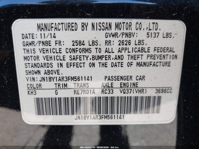 2015 Infiniti Q70 3.7x მანქანა იყიდება აუქციონზე, vin: JN1BY1AR3FM561141, აუქციონის ნომერი: 45282710