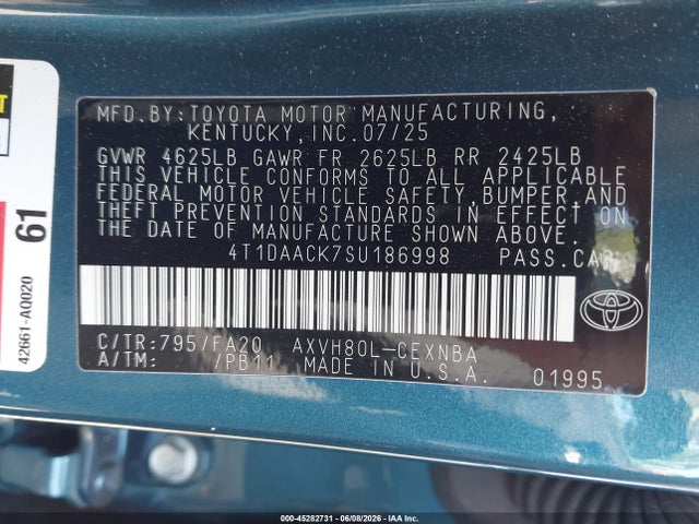 45282731 :رقم المزاد ، 4T1DAACK7SU186998 vin ، 2025 Toyota Camry Le مزاد بيع