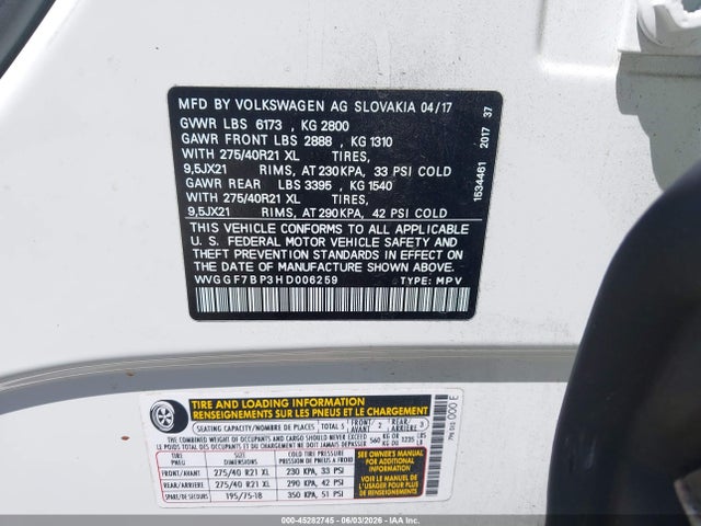 Продаж на аукціоні авто 2017 Volkswagen Touareg V6 Executive, vin: WVGGF7BP3HD006259, номер лоту: 45282745