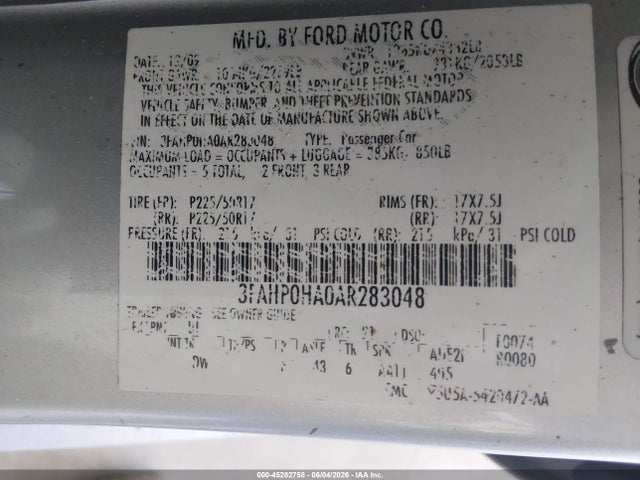 2010 Ford Fusion Se მანქანა იყიდება აუქციონზე, vin: 3FAHP0HA0AR283048, აუქციონის ნომერი: 45282758